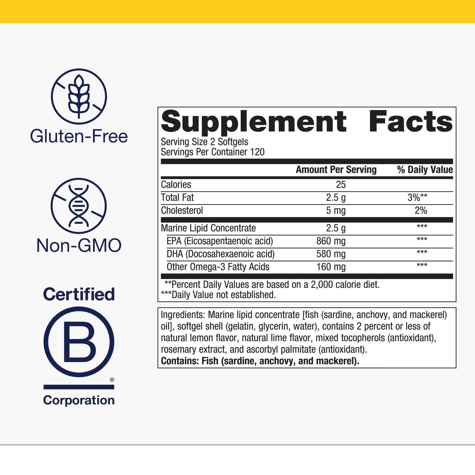 OmegaGenics Fish Oil label highlighting EPA and DHA 720 mg