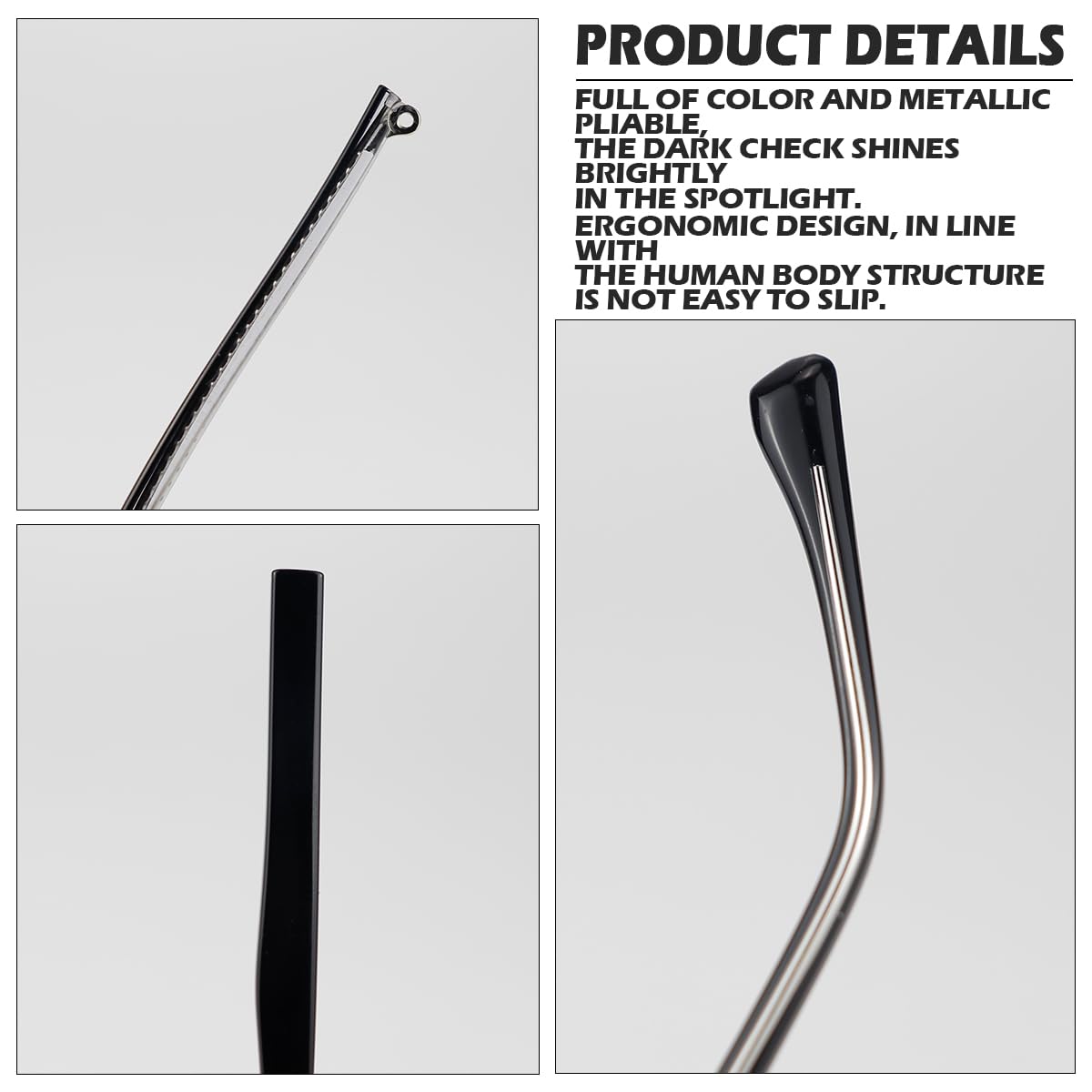 Black replacement arm mounted on eyeglass frame