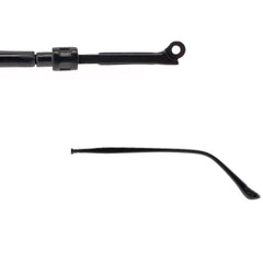 Close-up of black metal glasses legs replacement showing hinge area