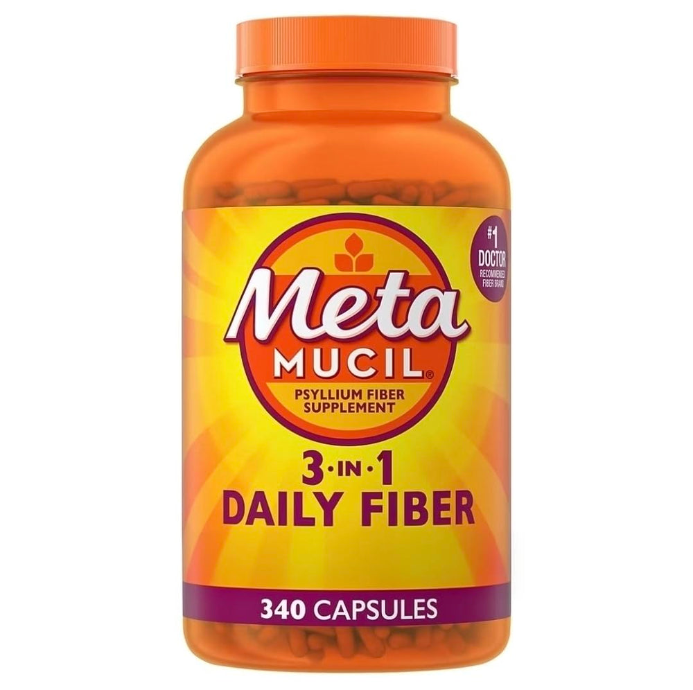 Metamucil 3-in-1 fiber capsules bottle with 340 capsules
