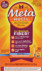 Close up of Metamucil orange smooth fiber singles individually wrapped sachets