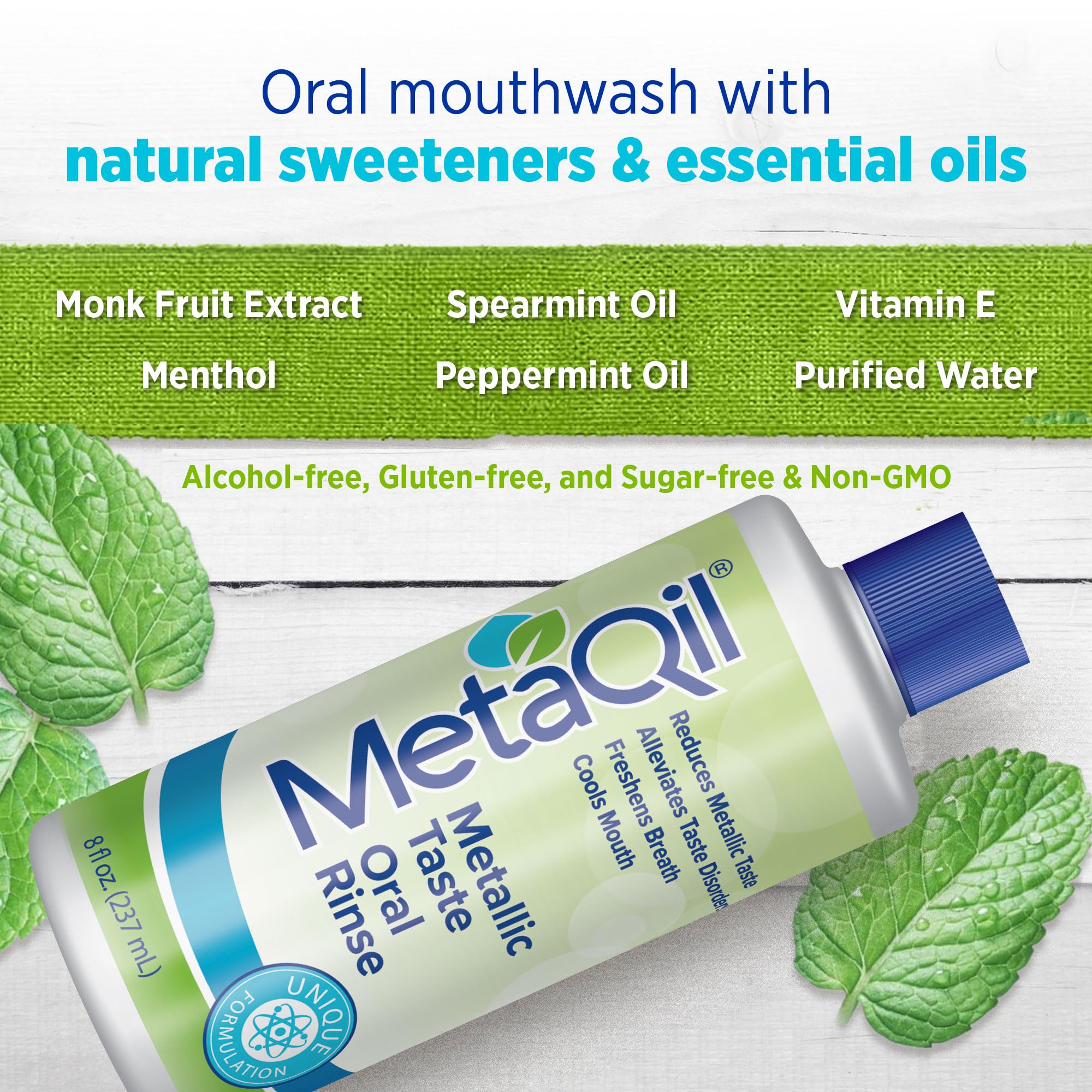 Close-up of MetaQil bottle label detailing ingredients