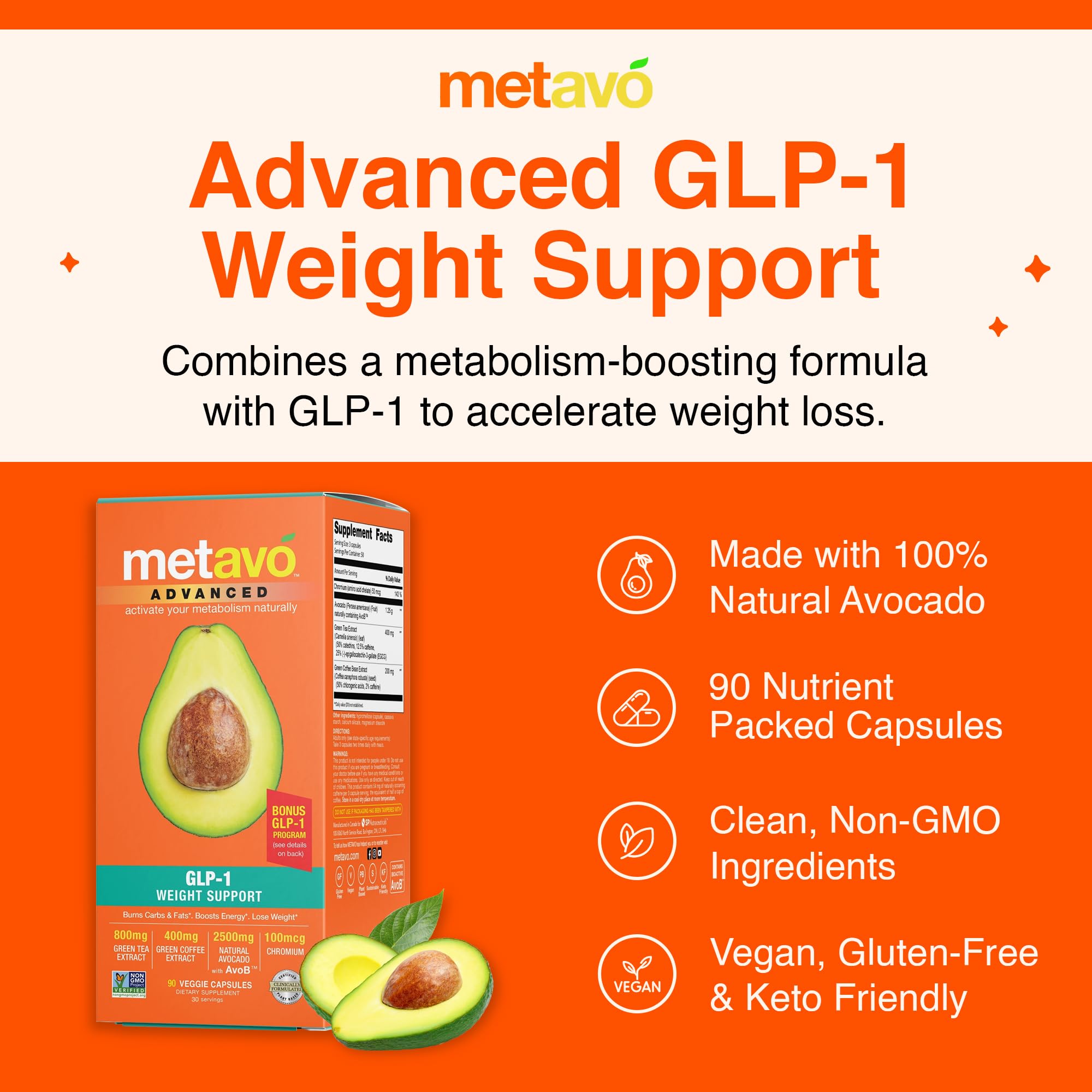 Metavo Advanced Weight Support green tea ingredient highlights energy friendly wellness.