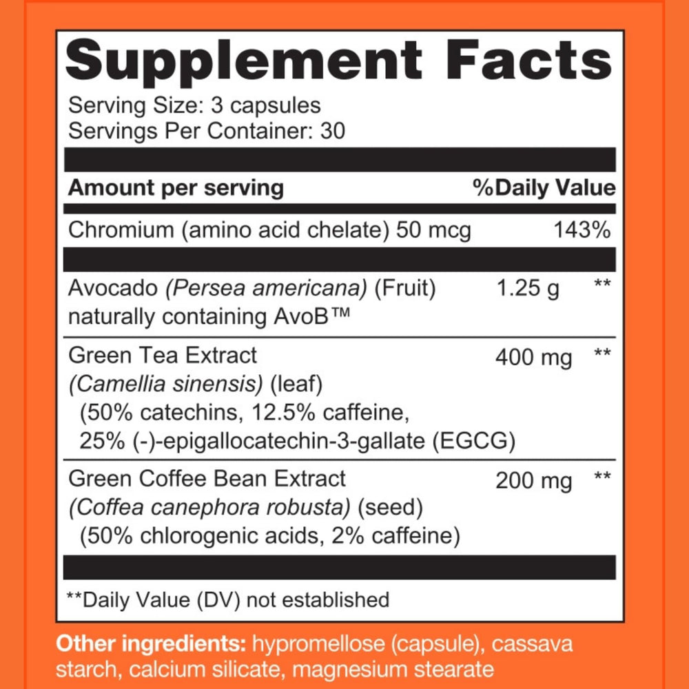 Nutrition facts label for Metavo Advanced Weight Support
