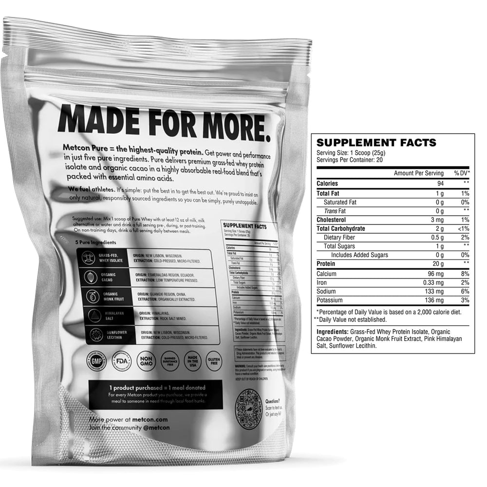 Close-up of ingredients: grass-fed whey protein isolate, organic cacao, monk fruit, sunflower lecithin