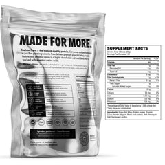 Close-up of ingredients: grass-fed whey protein isolate, organic cacao, monk fruit, sunflower lecithin
