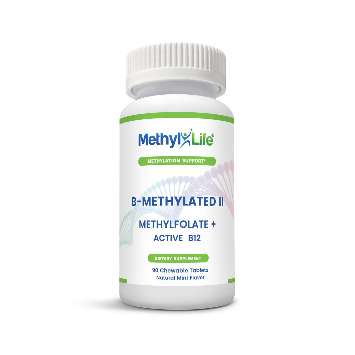 Front view of Methyl-Life B-Methylated II bottle with 90 lozenges