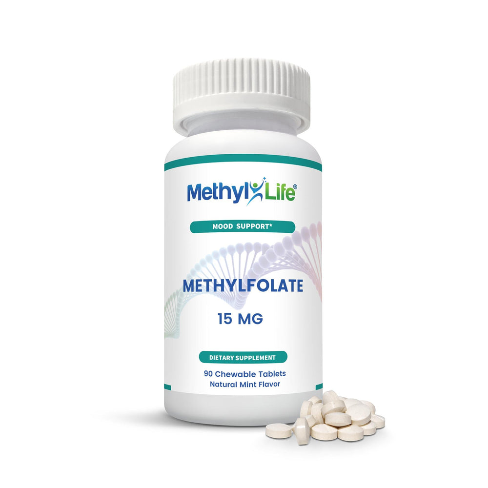 Front of bottle of Methyl-Life L-Methylfolate 15 mg chewables with mint flavor