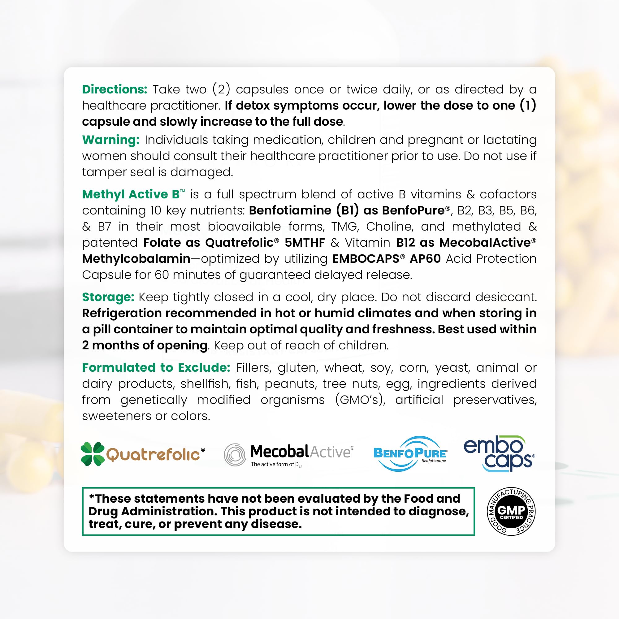 Capsules of methylated B vitamin complex in bottle