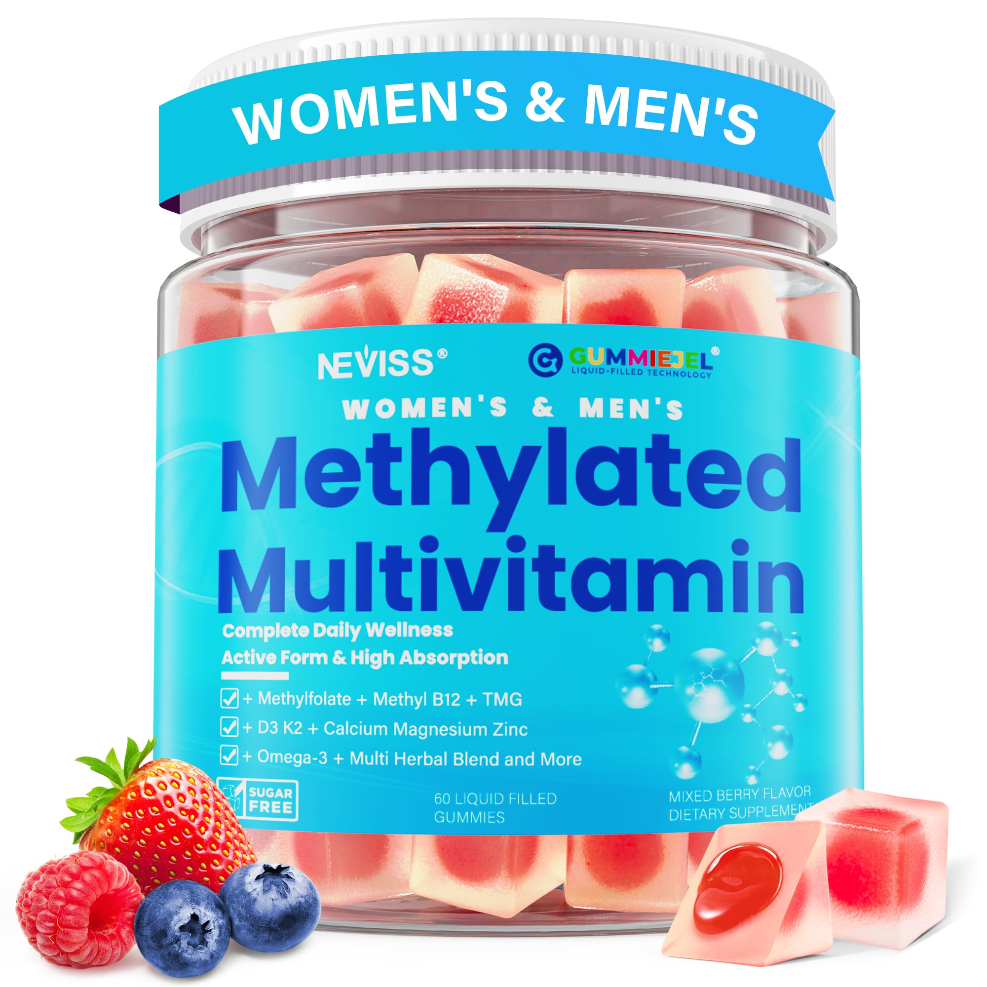 Bottle of Methylated Multivitamin Gummies with Omega-3, vegan sugar-free formula