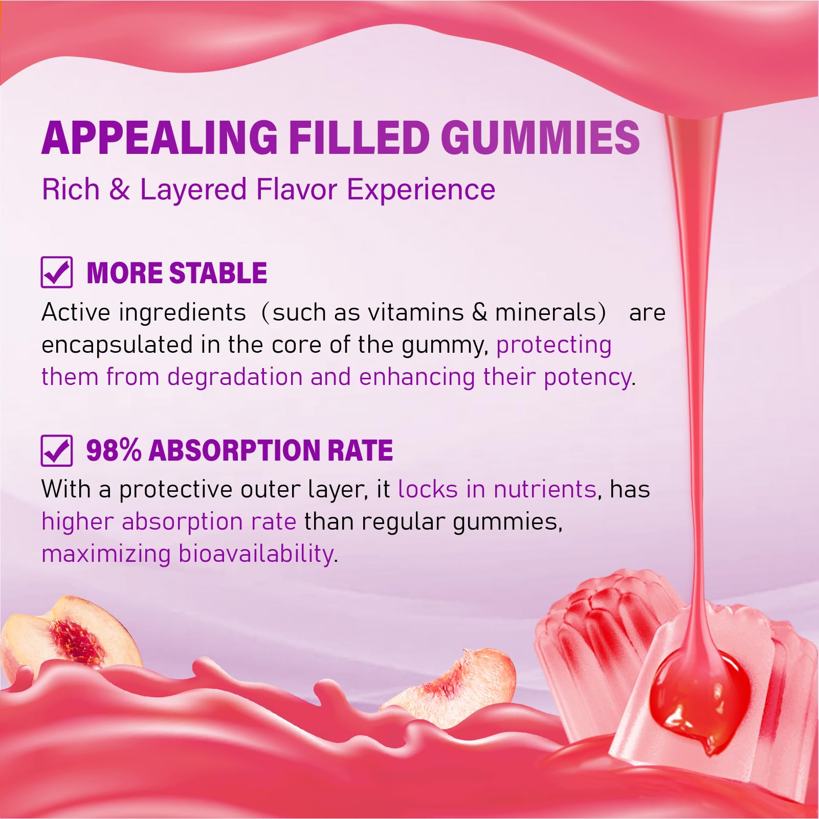 Cross-section showing dual-layer filled gummy technology