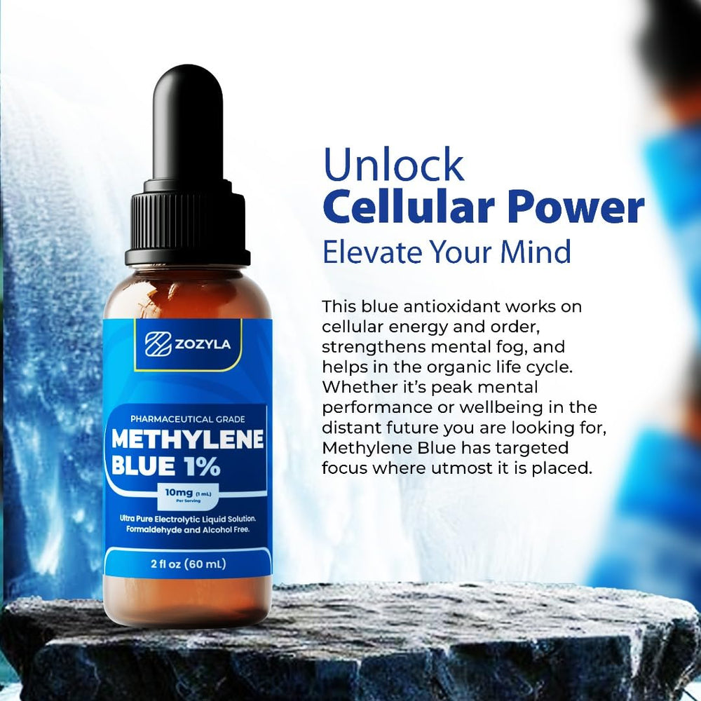 Close-up of glass bottle for Methylene Blue 1% Enhanced Liquid Solution 2 oz