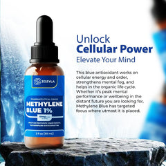 Close-up of glass bottle for Methylene Blue 1% Enhanced Liquid Solution 2 oz