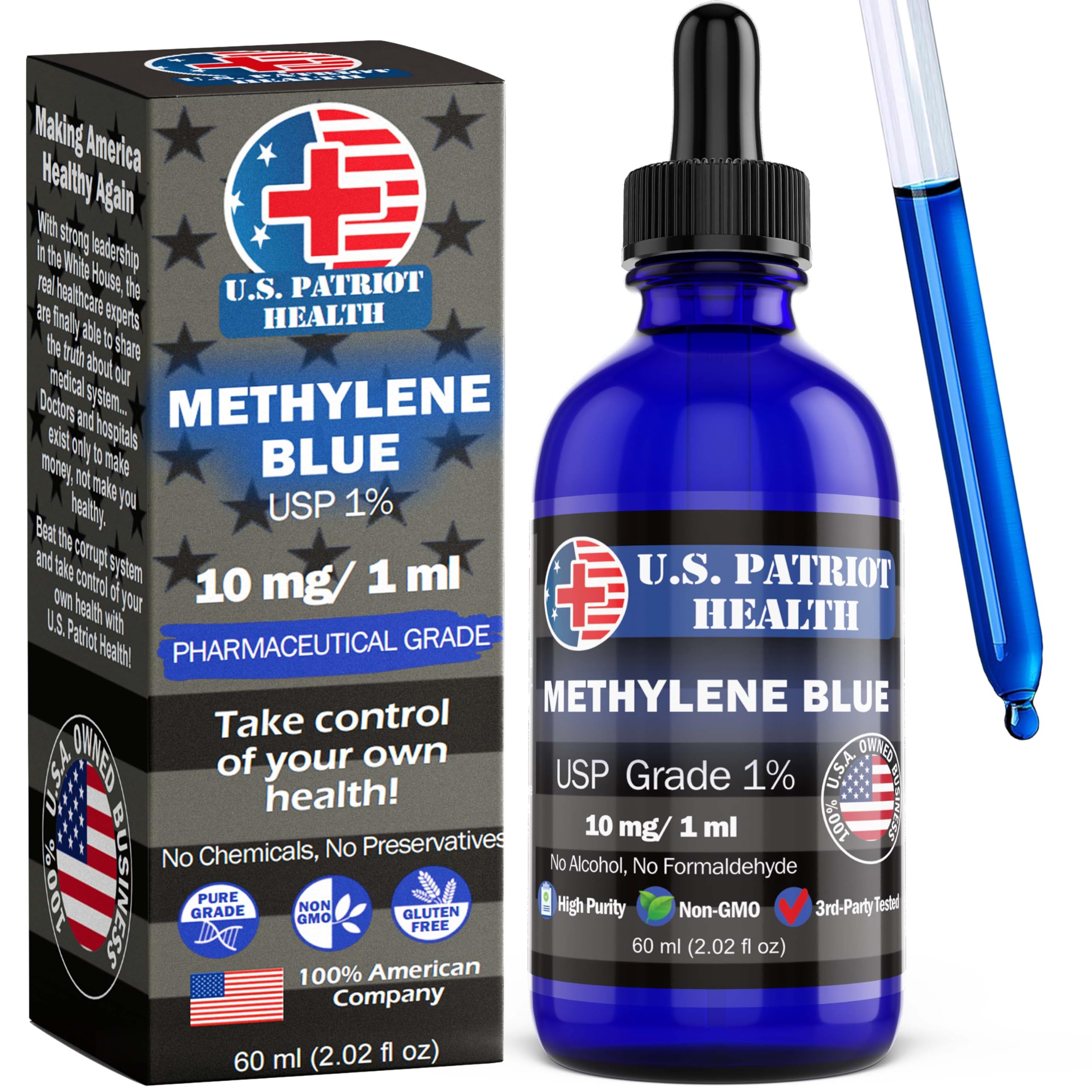 Methylene Blue 1% USP pharmaceutical-grade in a glass bottle