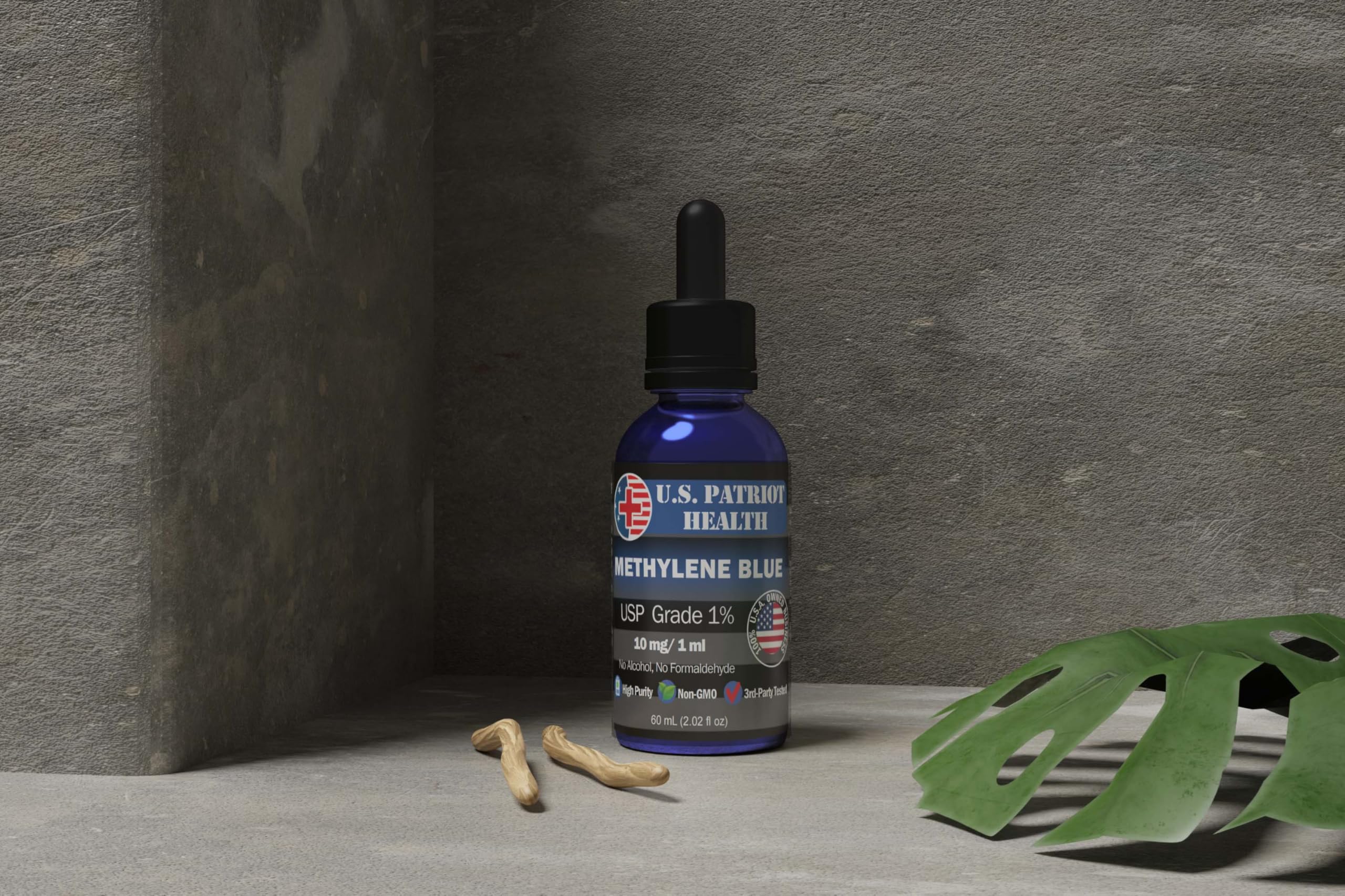 60 ml Methylene Blue bottle indicating American-made