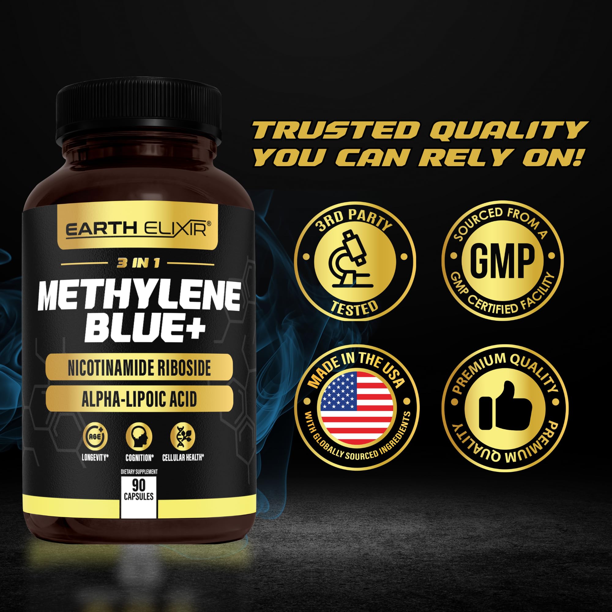 GMP-certified facility icon with non-GMO labeling on packaging