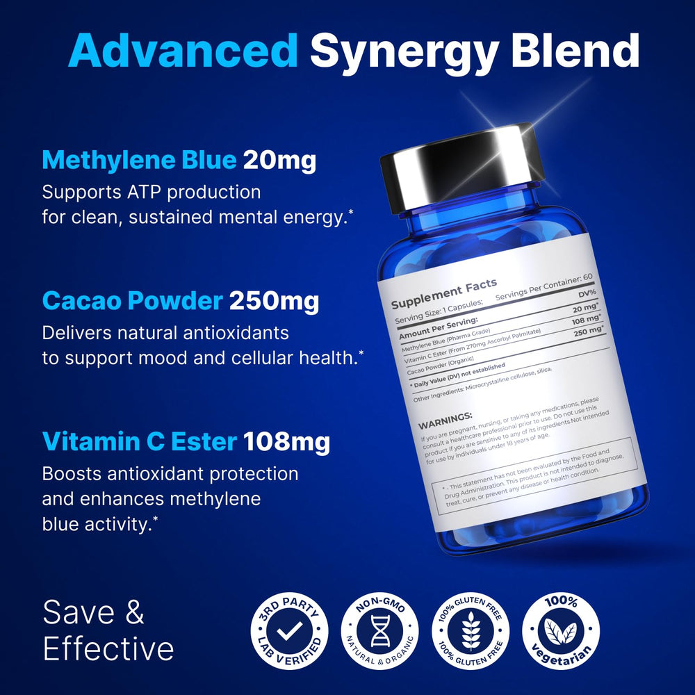 Packaging highlighting USA made and 99.9% USP grade methylene blue