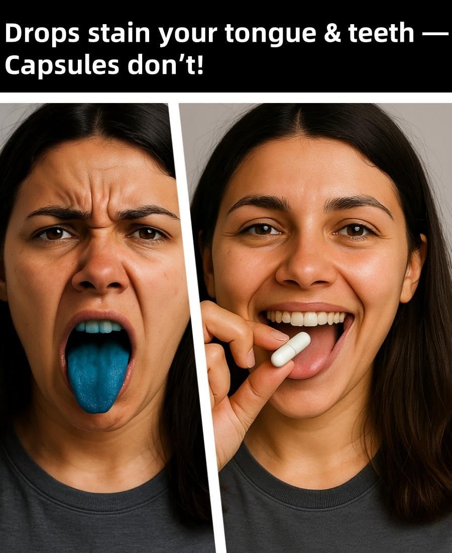 Close-up of blue Methylene Blue capsules inside bottle