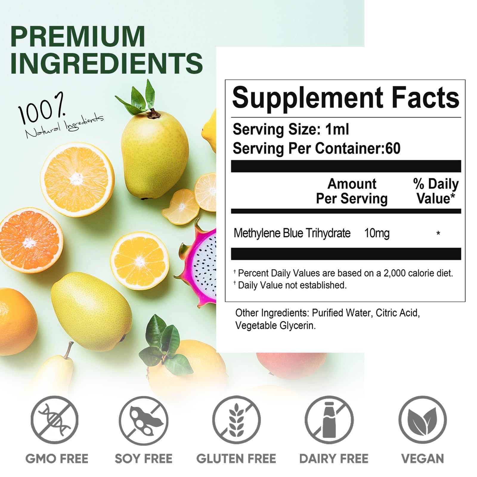Ingredients and supplement facts for Methylene Blue Drops 1% 2 oz