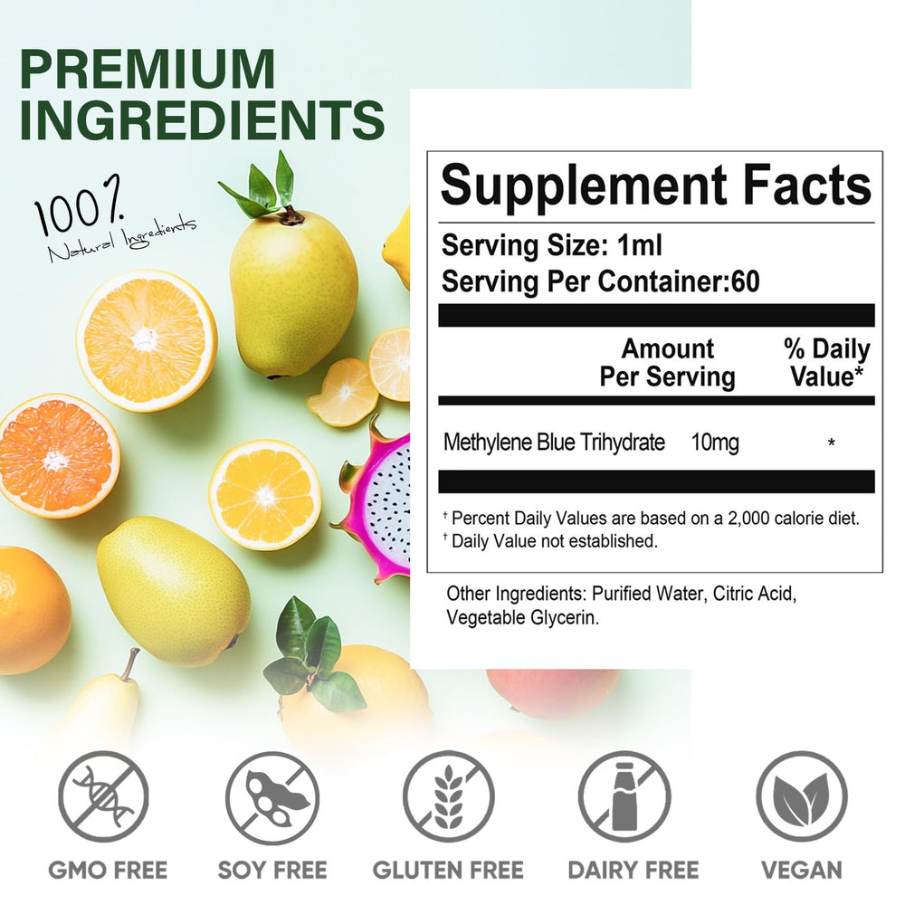 Ingredients and supplement facts for Methylene Blue Drops 1% 2 oz