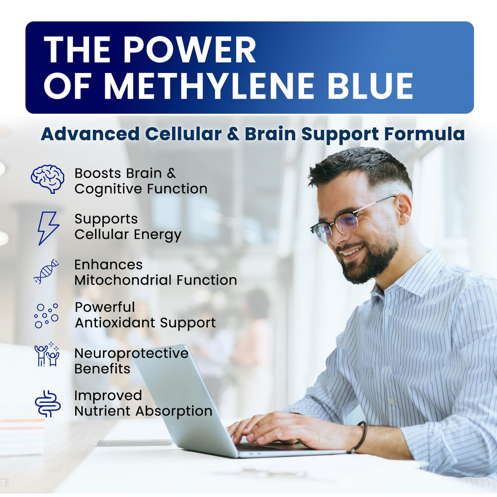 Close-up of Methylene Blue Drops bottle label showing 99.99% USP Grade