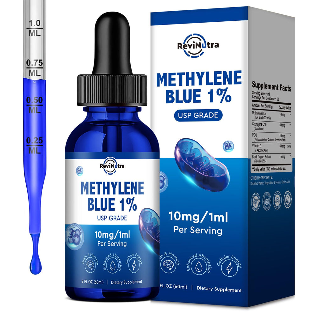 Bottle of ReviNutra Methylene Blue Drops with dropper (USP Grade 1%)