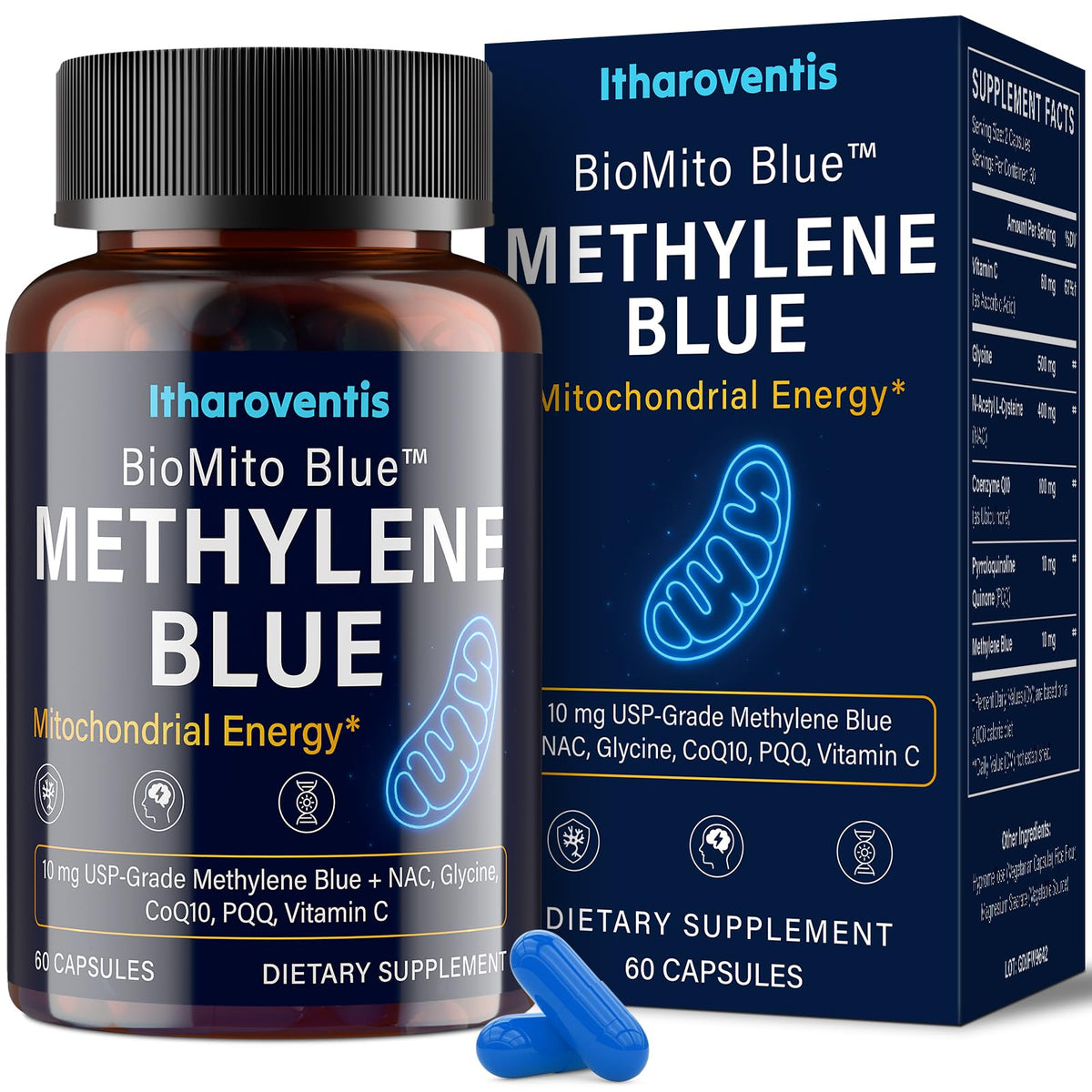 Bottle of Methylene Blue Pharmaceutical Grade Capsules with label