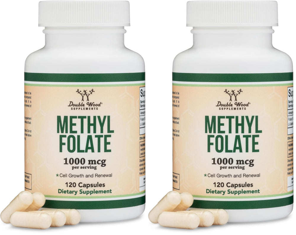 Front bottle of Double Wood Methylfolate 1000mcg 120 capsules