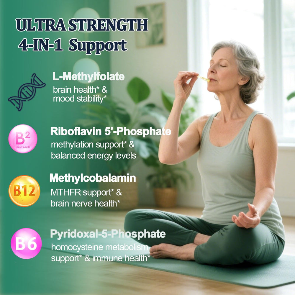 Close-up of methylfolate bottle label with 5-MTHF and vitamins