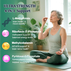 Close-up of methylfolate bottle label with 5-MTHF and vitamins