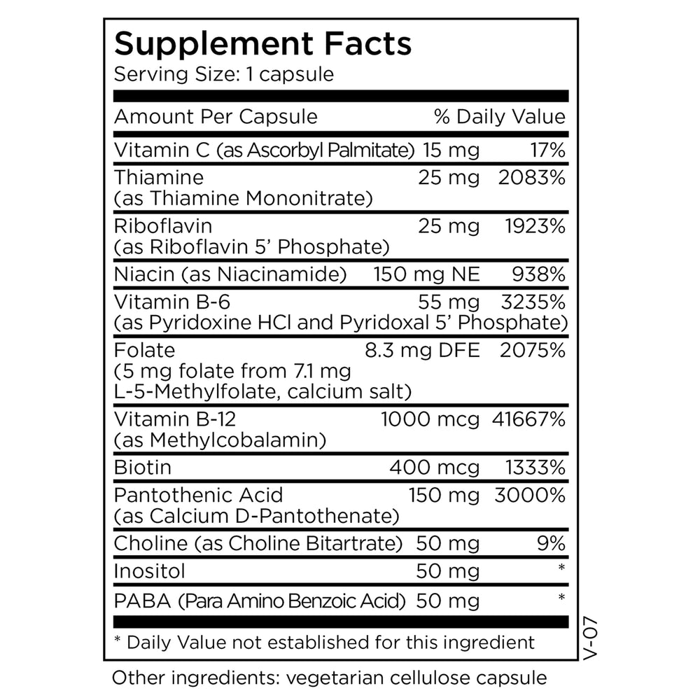 Close-up of MethylPro B-Complex label on vegan bottle