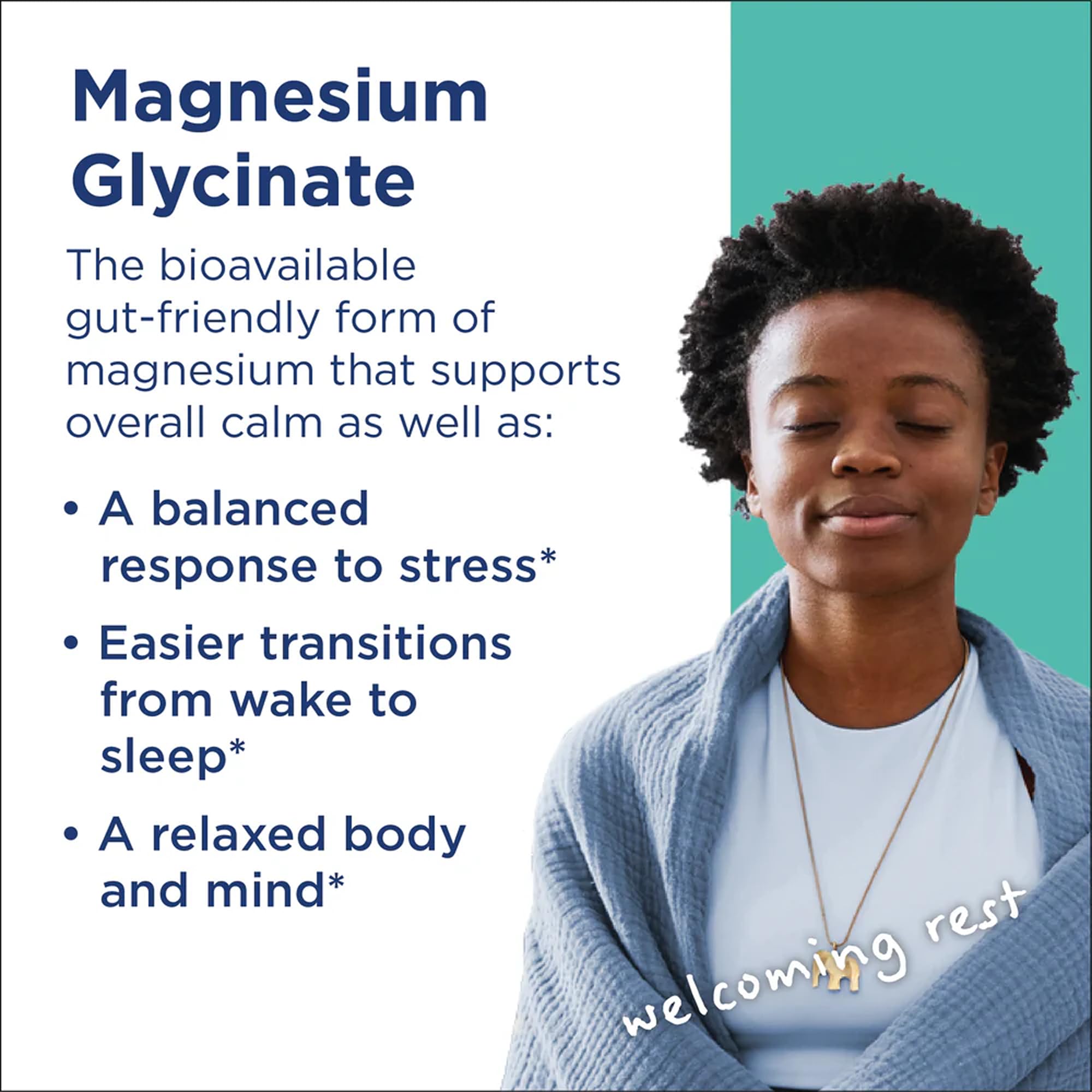 Graphic illustrating benefits for sleep and calm from magnesium glycinate
