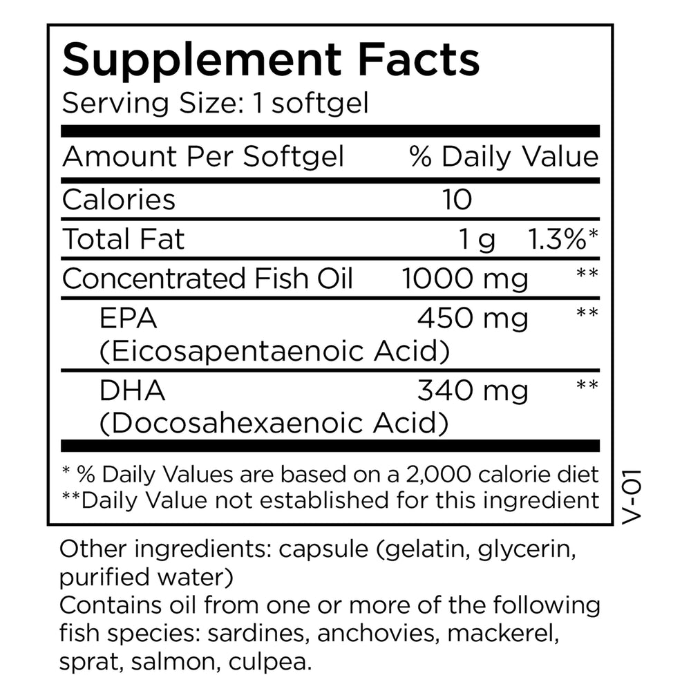Close-up of the EPA 450 mg and DHA 340 mg per softgel label