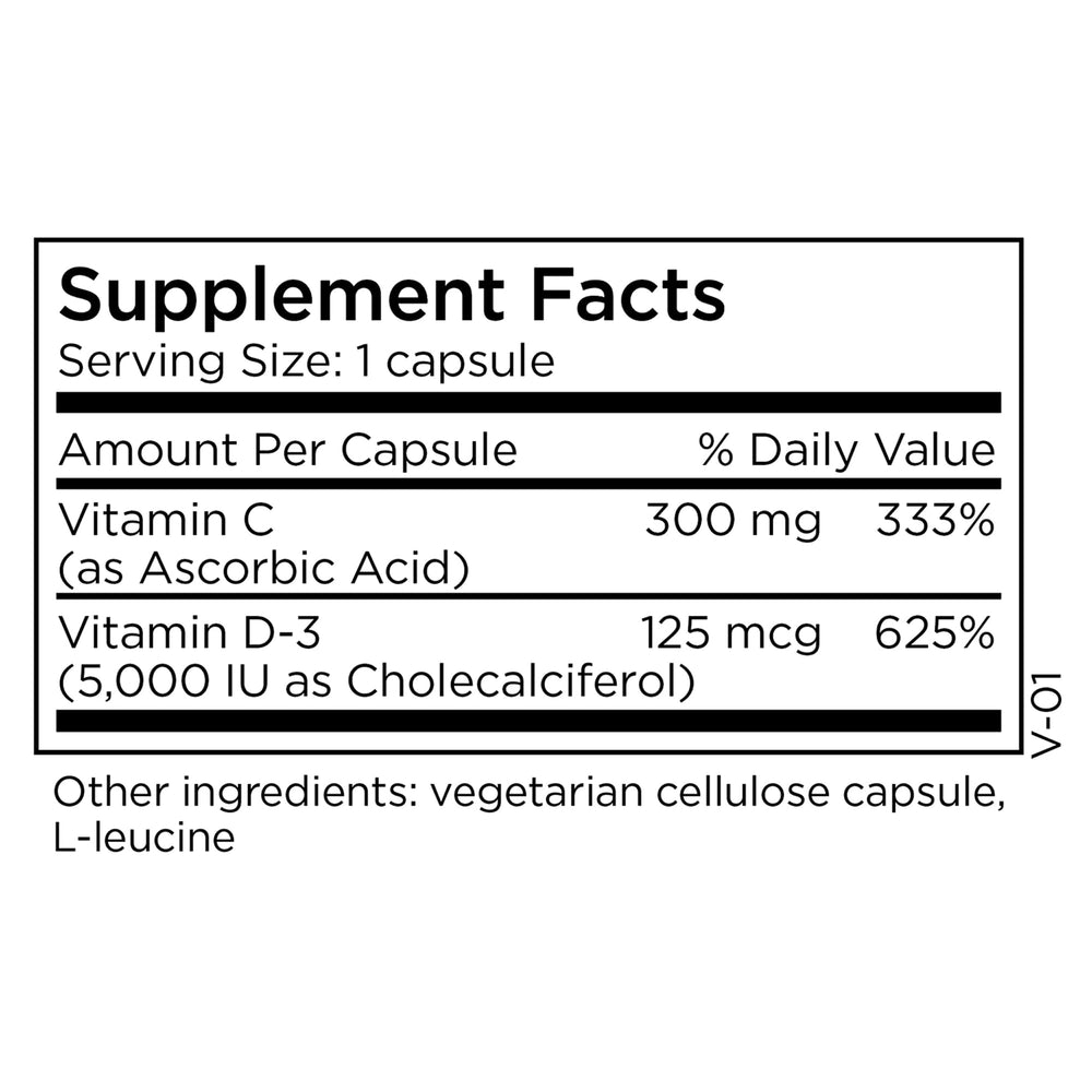 Close-up of bottle label showing 5000 IU D3 and vitamin C