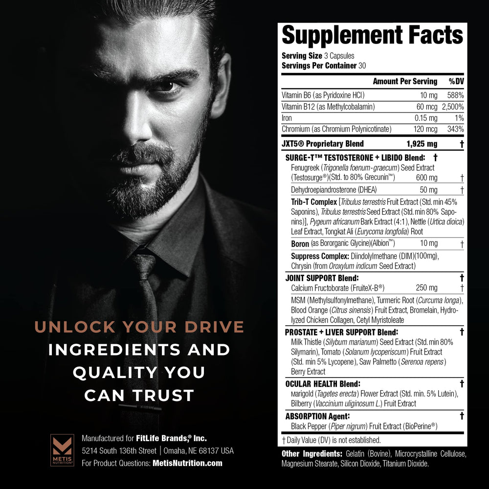 METISNutrition JXT5 bottle packaging shown on shelf signaling full-spectrum men's health support