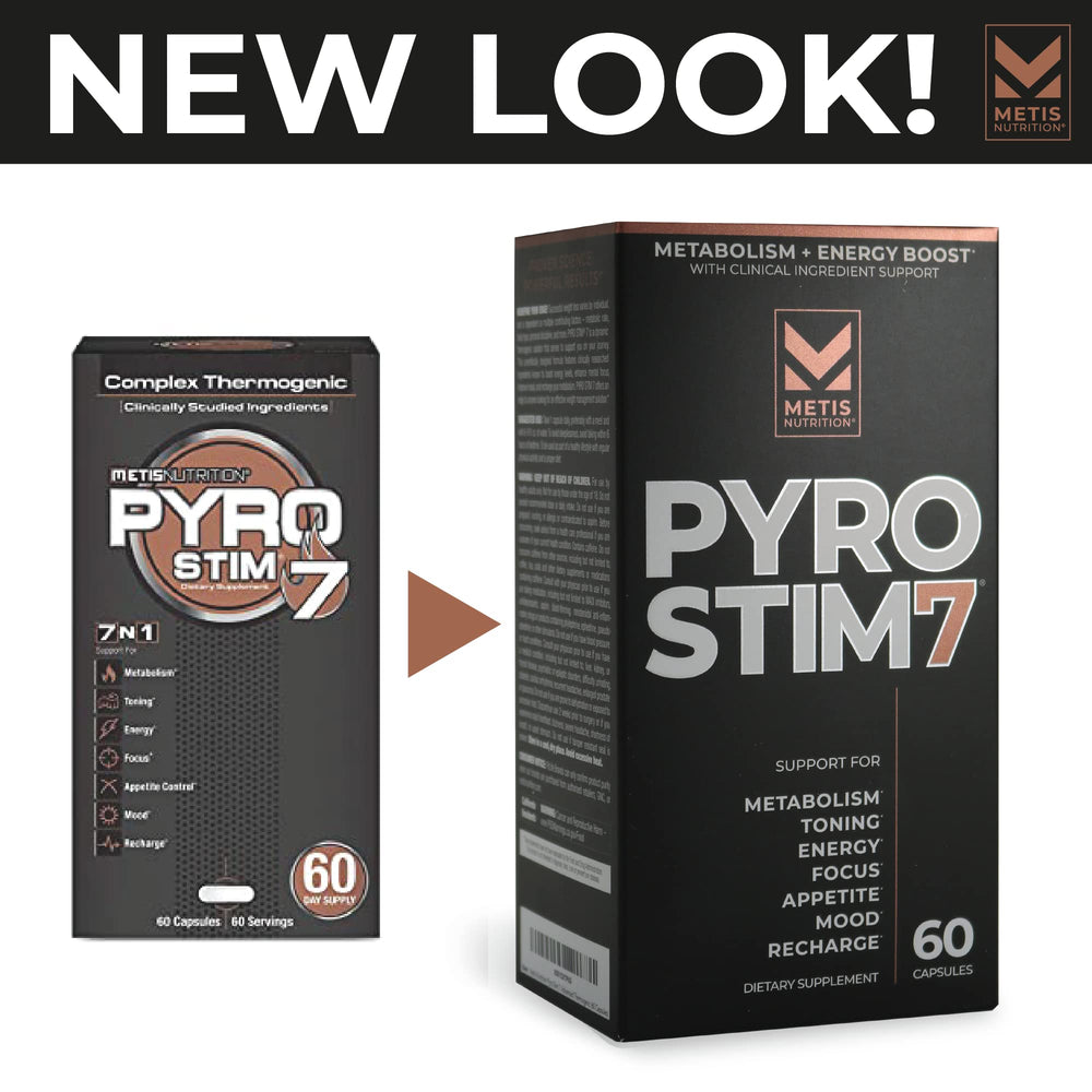 METISNutrition Pyro Stim 7 capsule with Teacrine and caffeine for sustained energy.