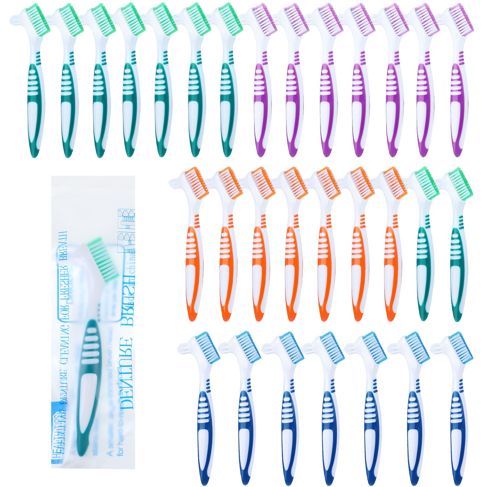 Meyeyaia 30pcs denture toothbrush set packaging with four color options