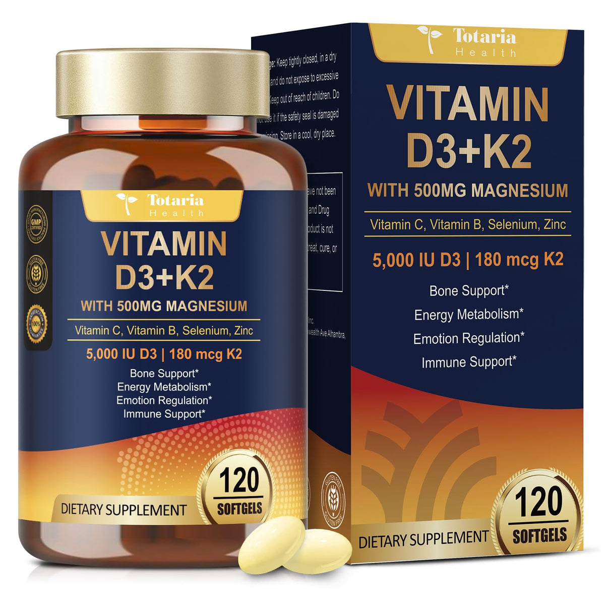 Close-up of magnesium glycinate, D3 and K2 softgel