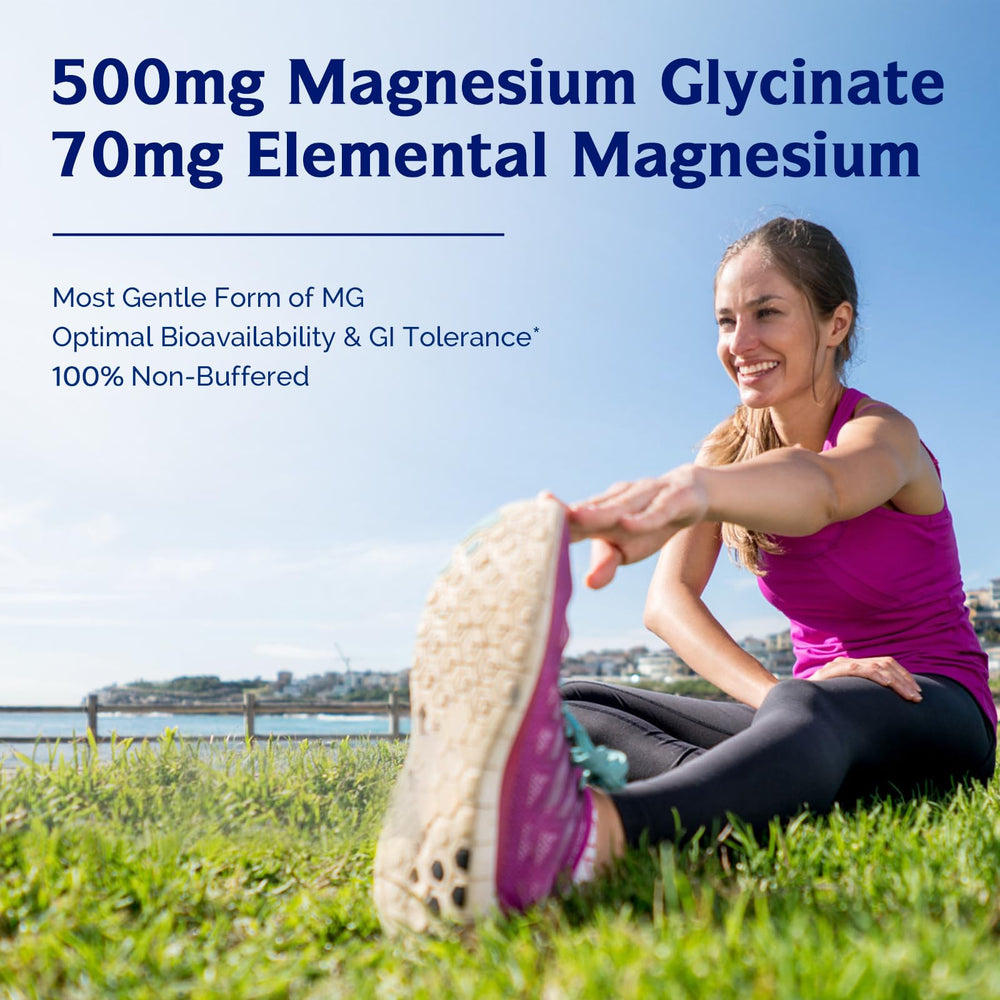 Close up of 500mg magnesium glycinate capsules