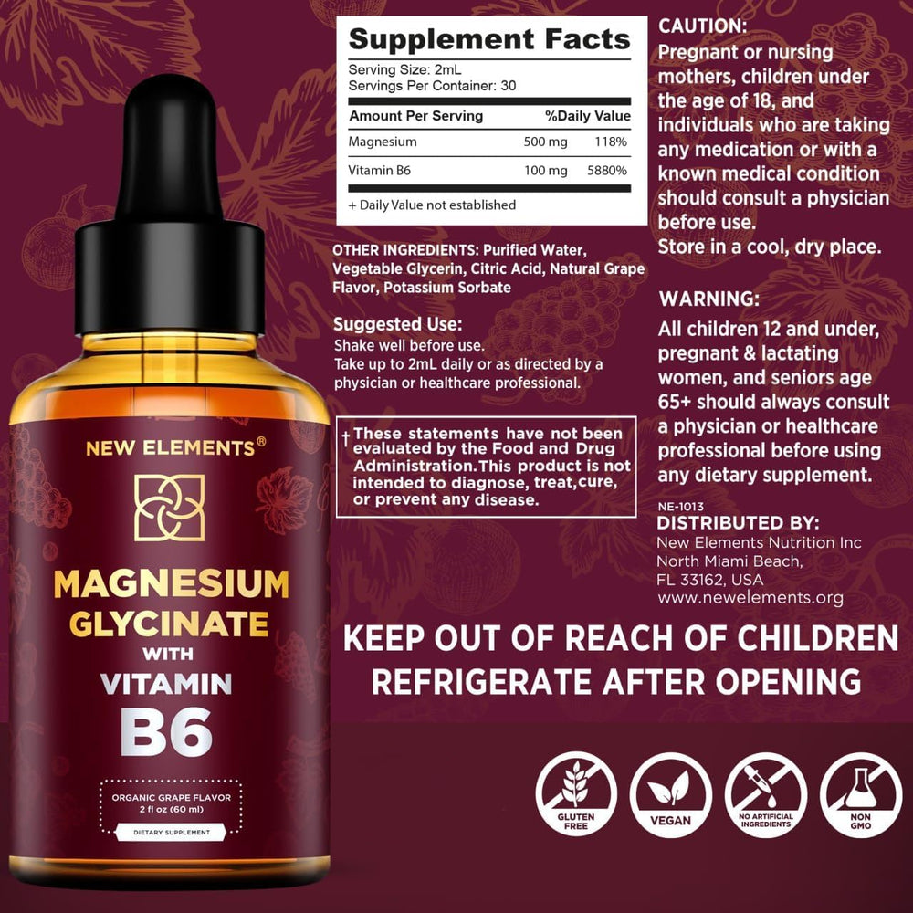 Close-up of magnesium glycinate drops bottle label