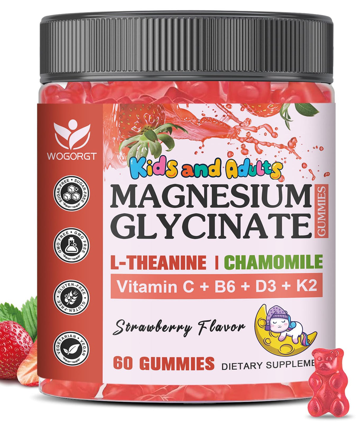 Front view of Magnesium Glycinate Gummies Strawberry flavor bottle