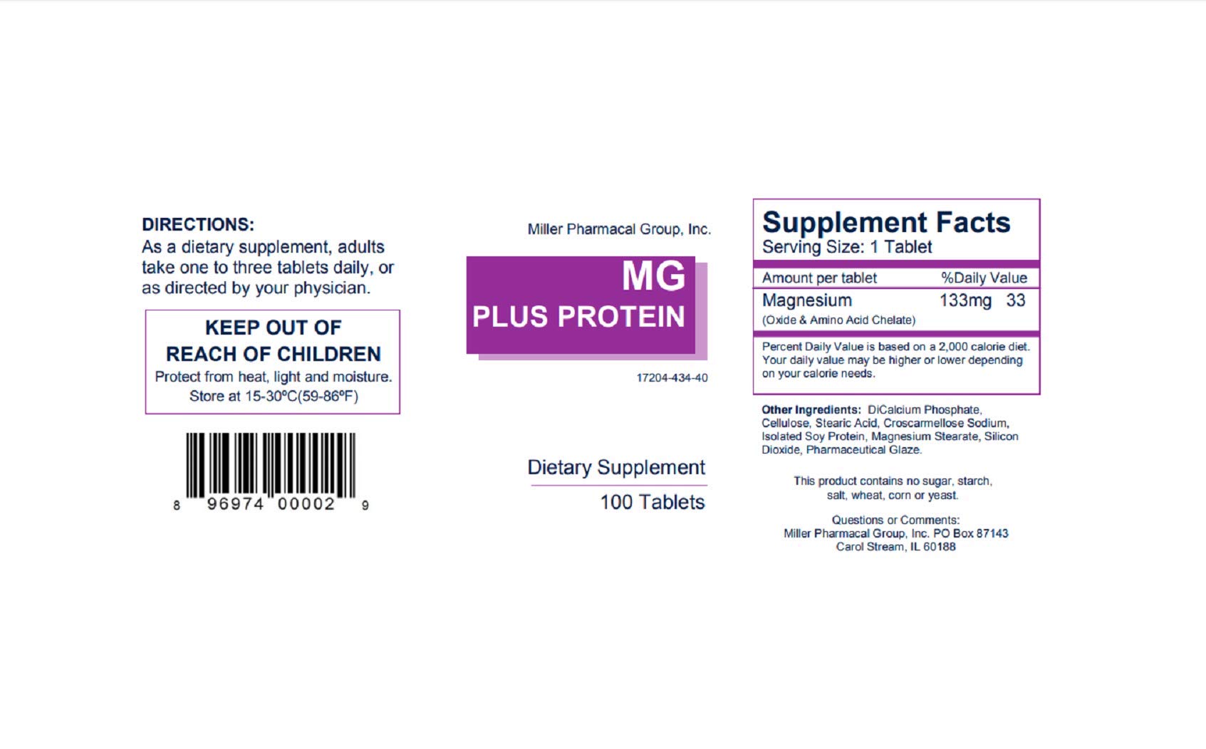 Close-up of Mg Plus Protein Miller tablets showing protein chelate form