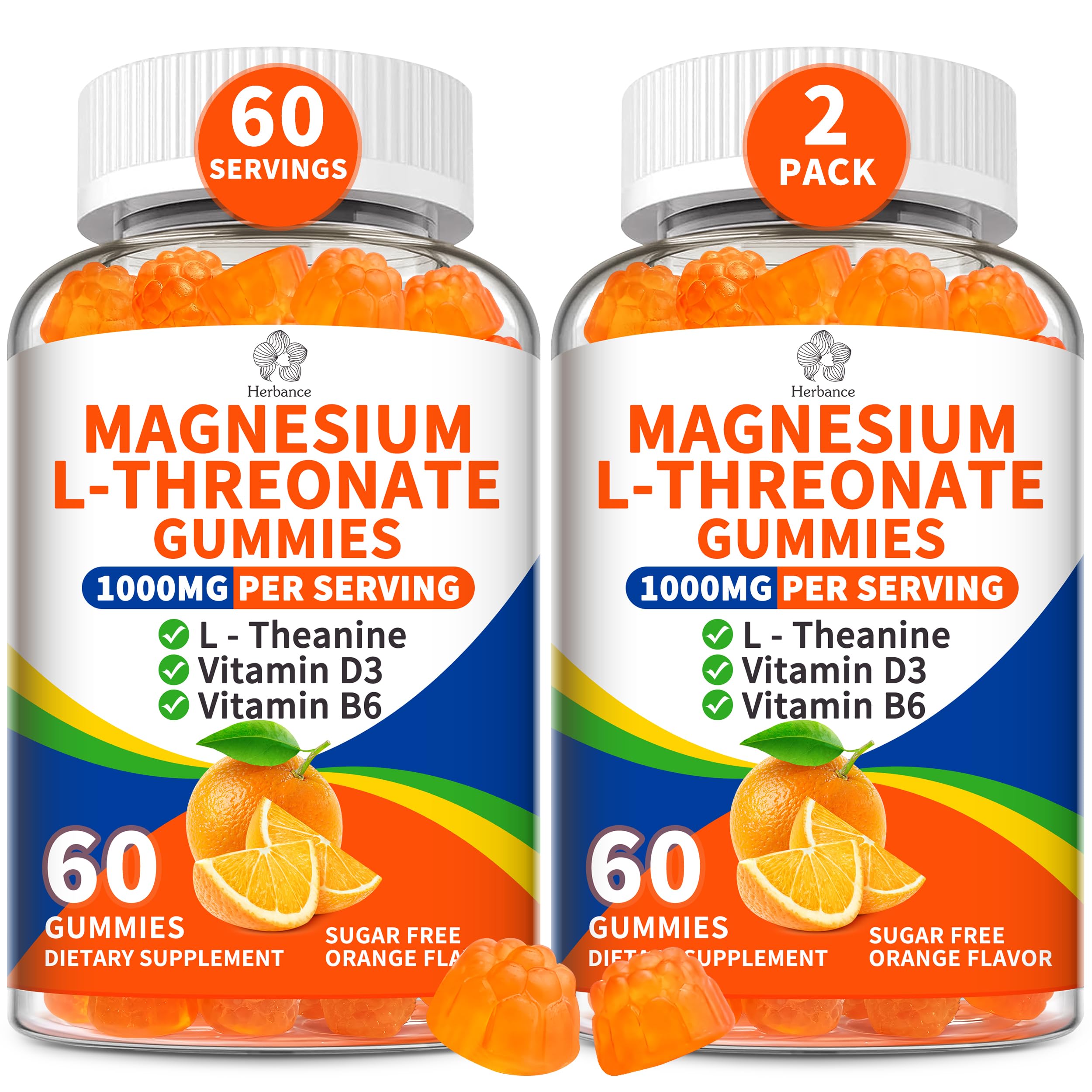 Front view of 2-pack Magnesium L-Threonate Gummies orange flavor