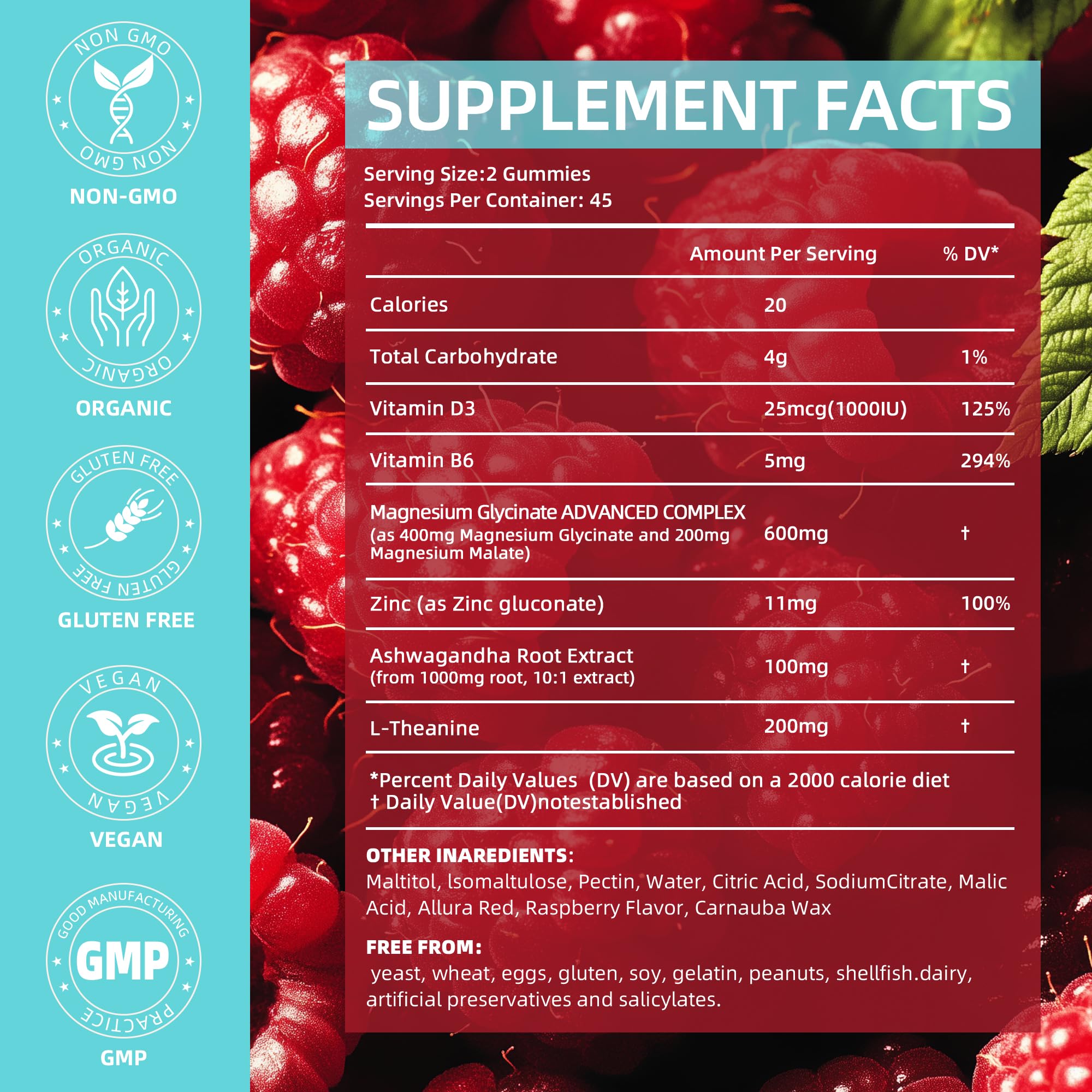 Gummies serving showing 400 mg glycinate and 200 mg malate per serving