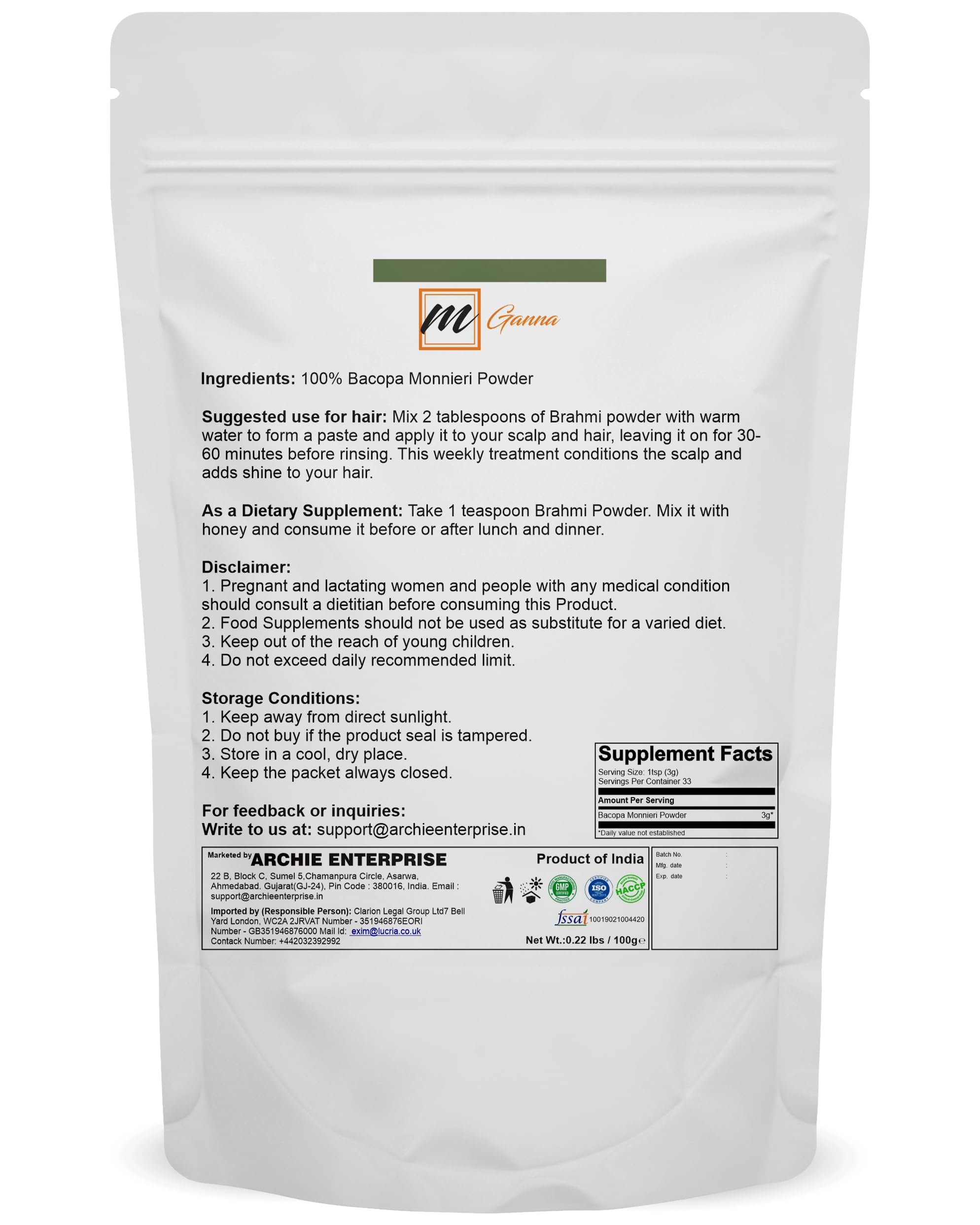 Back view of Brahmi powder resealable pack with label