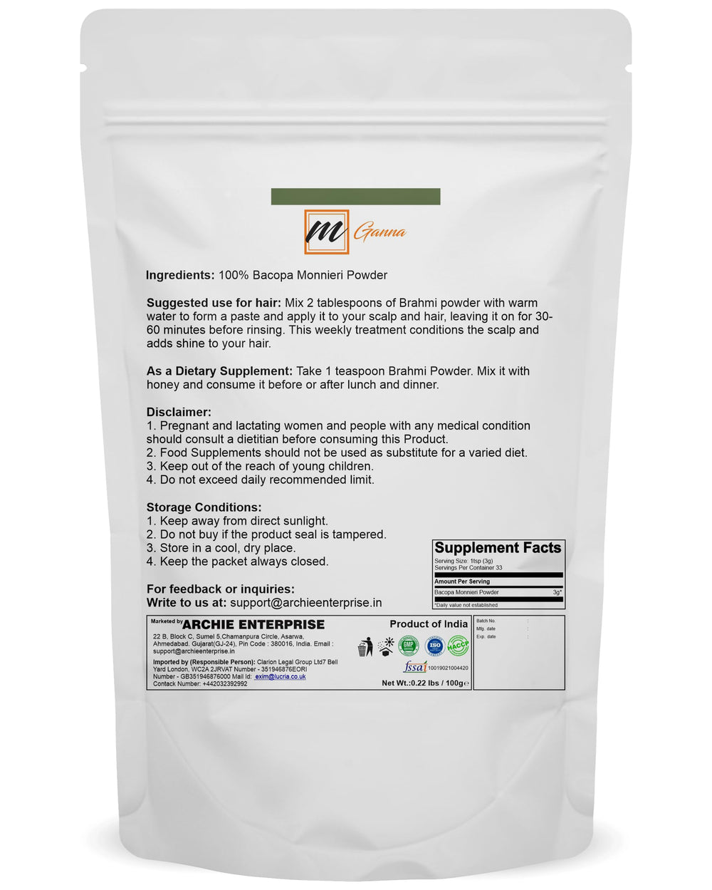 Back view of Brahmi powder resealable pack with label