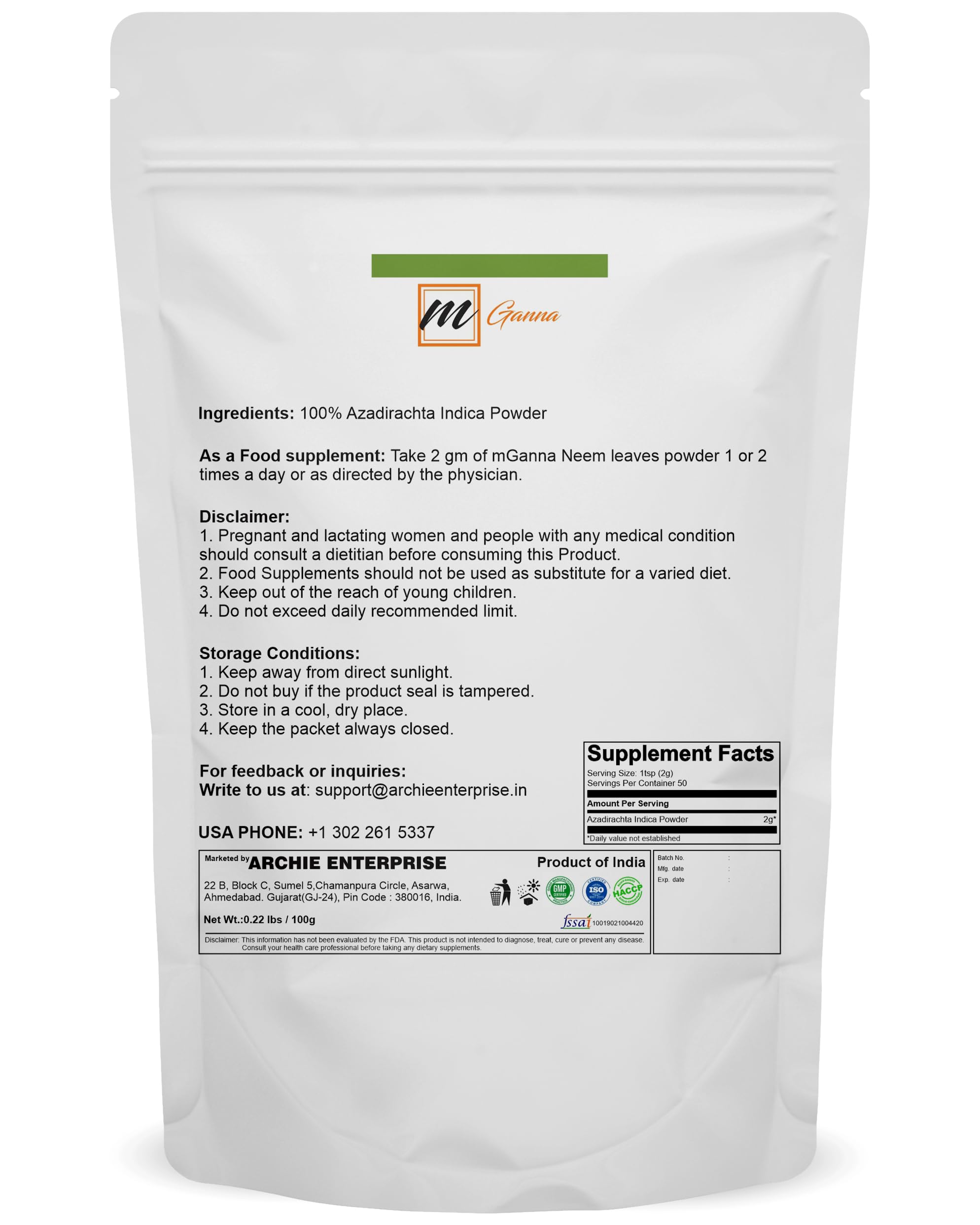 Pure neem leaf powder by mGanna (100g)