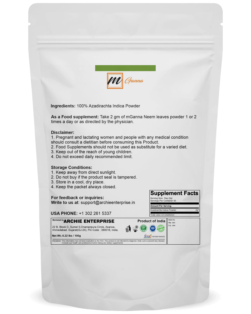 Pure neem leaf powder by mGanna (100g)