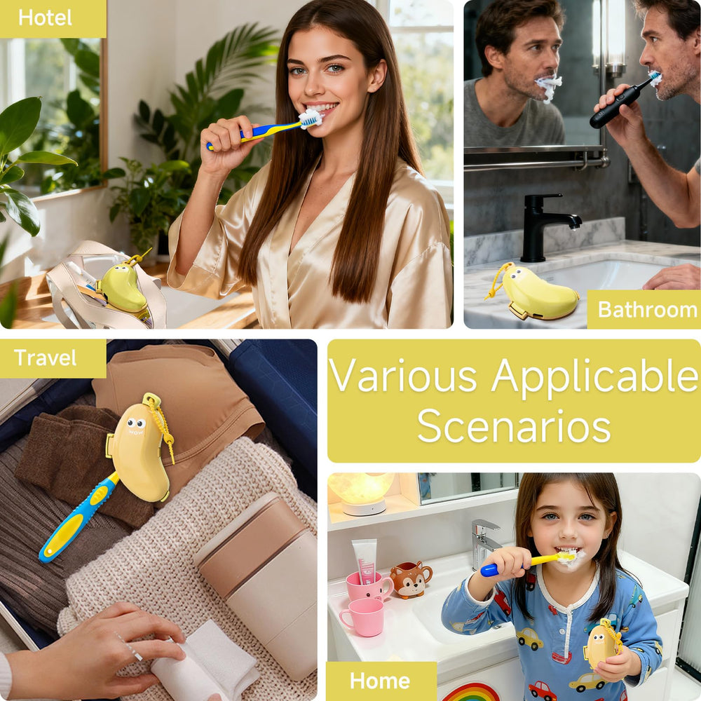Open Banana Toothbrush Cover Showing Brush Heads and Dispenser