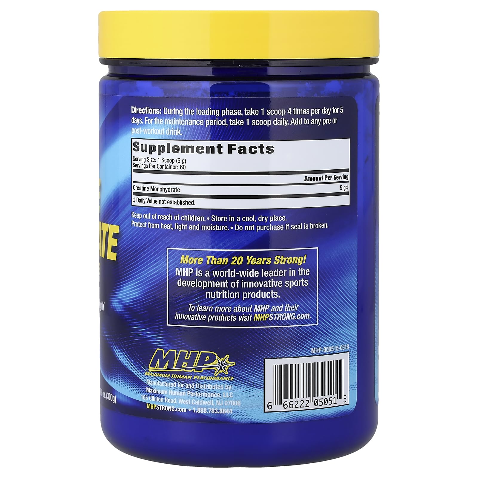 Nutrition facts label for Maximum Human Performance MHP Micronized Creatine 300 g